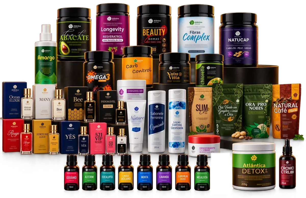 Ilustração com linhas de produtos Atlântica Natural: suplementos, óleos essenciais, perfumaria e cuidados diários